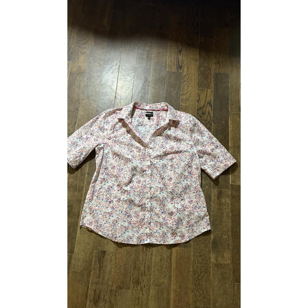 TALBOTS Confetti Print No Iron Shirt Cotton Spandex Short Sleeves-Size 14